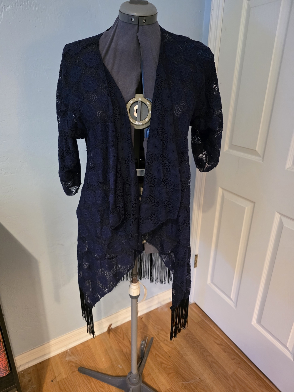 Navy Crochet Fringe Open-Front Women's Duster